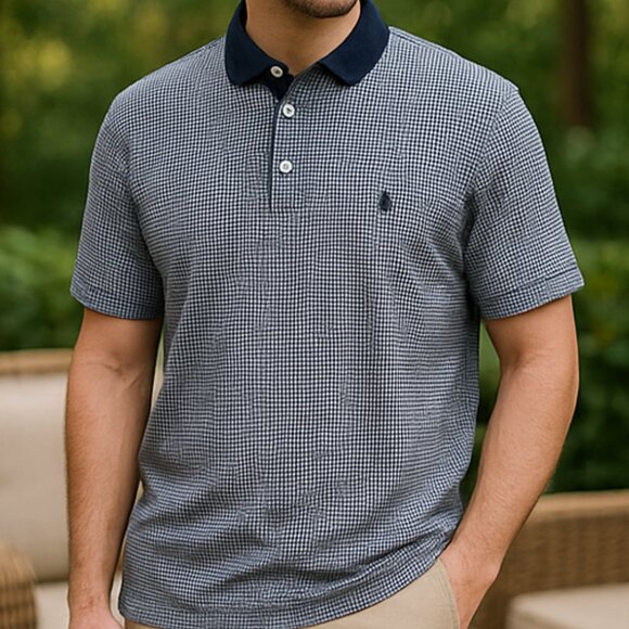 ✨FLASH SALE✨ $7 Polo by Ralph Lauren Navy Collar Houndstooth Polo Shirt - Picture 1 of 10